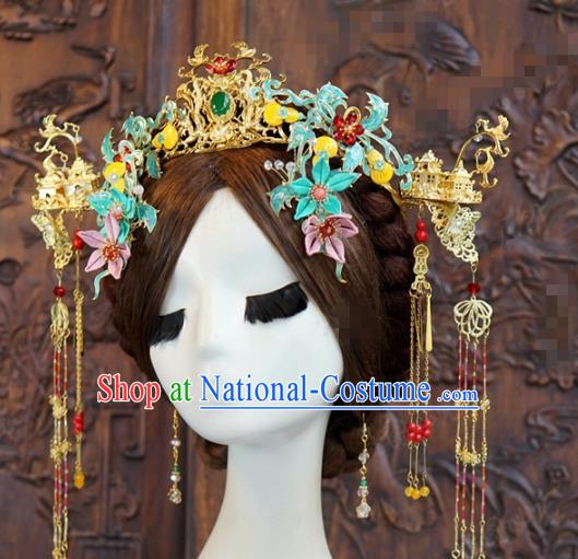 China Wedding Golden Hair Crown Headwear Ancient Bride Phoenix Coronet and Tassel Hairpins Traditional Hair Accessories