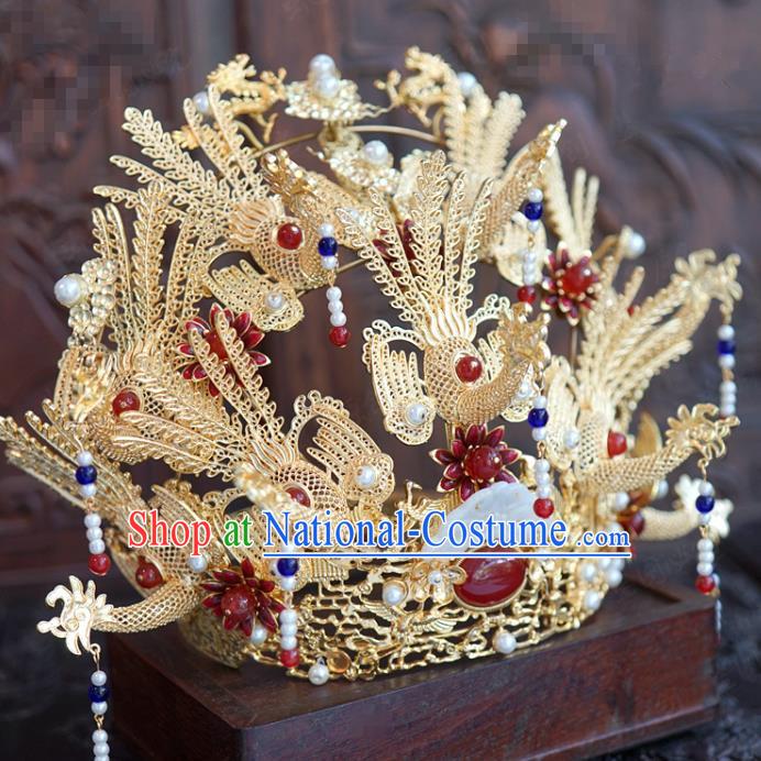 China Ming Dynasty Phoenix Coronet Traditional Wedding Hair Crown and Tassel Hairpins Ancient Queen Hair Accessories Full Set