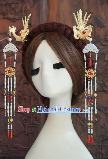 China Traditional Xiuhe Suit Hair Accessories Palace Jade Hairpin Wedding Golden Phoenix Step Shake