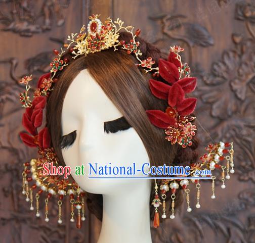 China Traditional Wedding Red Velvet Flowers Hair Sticks Ancient Queen Tassel Hairpins Hair Accessories Full Set