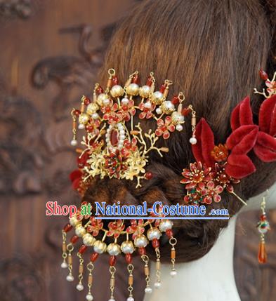 China Traditional Wedding Red Velvet Flowers Hair Sticks Ancient Queen Tassel Hairpins Hair Accessories Full Set