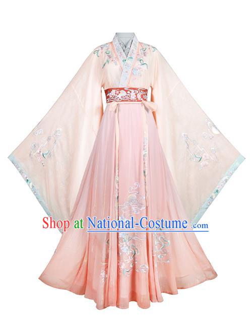 China Ancient Imperial Consort Hanfu Clothing Jin Dynasty Court Beauty Embroidered Pink Dress Apparels