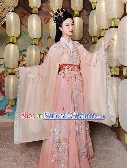 China Ancient Imperial Consort Hanfu Clothing Jin Dynasty Court Beauty Embroidered Pink Dress Apparels