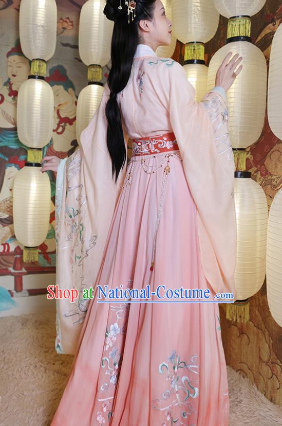 China Ancient Imperial Consort Hanfu Clothing Jin Dynasty Court Beauty Embroidered Pink Dress Apparels