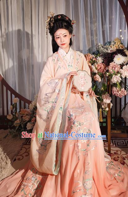 China Ancient Imperial Consort Hanfu Clothing Jin Dynasty Court Beauty Embroidered Pink Dress Apparels