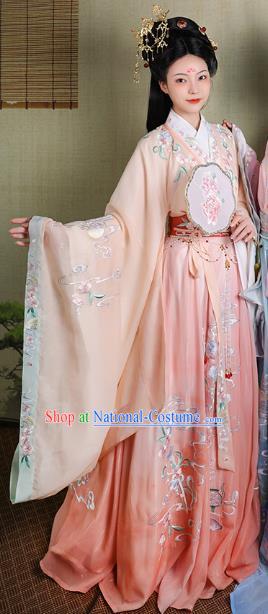 China Ancient Imperial Consort Hanfu Clothing Jin Dynasty Court Beauty Embroidered Pink Dress Apparels