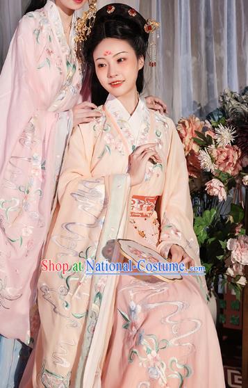 China Ancient Imperial Consort Hanfu Clothing Jin Dynasty Court Beauty Embroidered Pink Dress Apparels