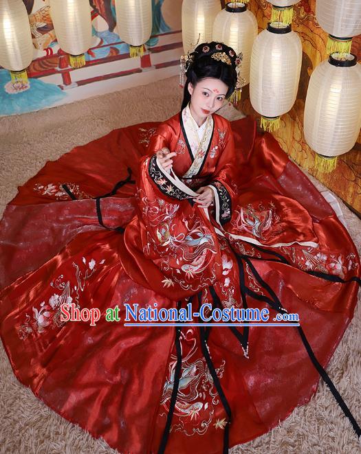 China Ancient Court Beauty Embroidered Red Dress Apparels Spring and Autumn Period Imperial Consort Xi Shi Hanfu Clothing