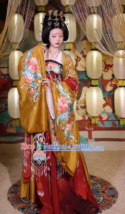 China Tang Dynasty Palace Beauty Yang Yuhuan Embroidered Dress Hanfu Clothing Ancient Imperial Consort Apparels