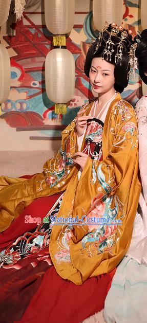 China Tang Dynasty Palace Beauty Yang Yuhuan Embroidered Dress Hanfu Clothing Ancient Imperial Consort Apparels