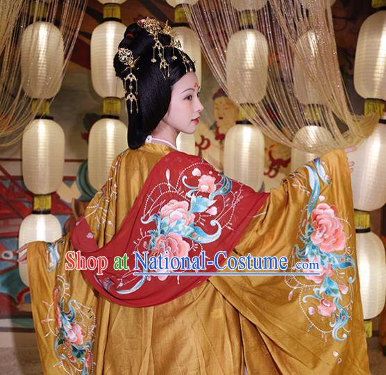 China Tang Dynasty Palace Beauty Yang Yuhuan Embroidered Dress Hanfu Clothing Ancient Imperial Consort Apparels