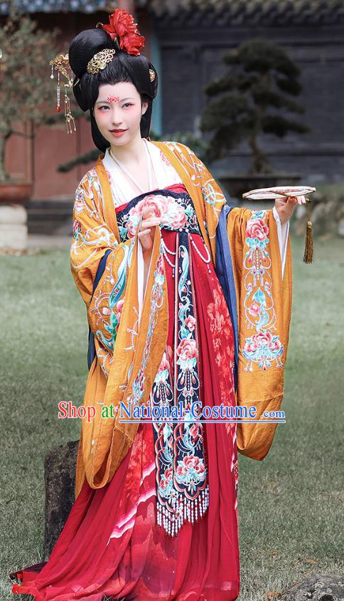 China Tang Dynasty Palace Beauty Yang Yuhuan Embroidered Dress Hanfu Clothing Ancient Imperial Consort Apparels