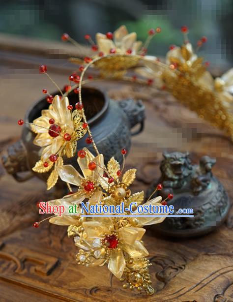 China Ancient Princess Hair Crown Traditional Xiuhe Suit Hair Accessories Wedding Bride Golden Hair Clasp