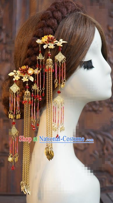 China Ancient Princess Long Tassel Hairpins Traditional Xiuhe Suit Hair Accessories Wedding Bride Hair Sticks