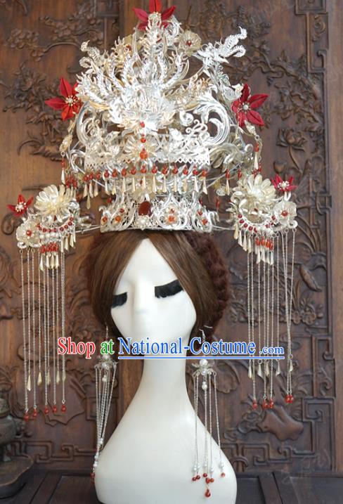 China Traditional Wedding Hanfu Luxury Hair Accessories Ancient Bride Argent Phoenix Coronet Full Set