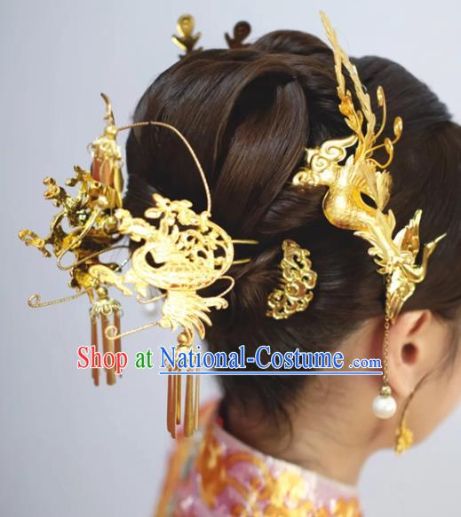 China Traditional Xiuhe Suit Golden Phoenix Hairpins Wedding Luxury Hair Accessories Ancient Bride Hair Sticks Full Set