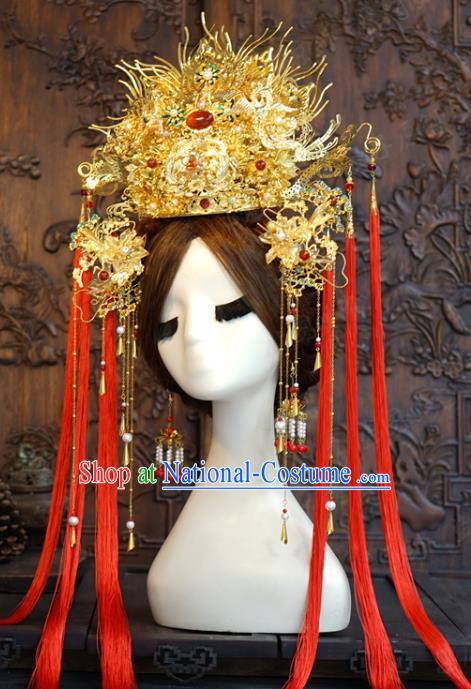 China Traditional Empress Golden Hair Crown Wedding Hanfu Luxury Hair Accessories Ancient Queen Red Tassel Phoenix Coronet