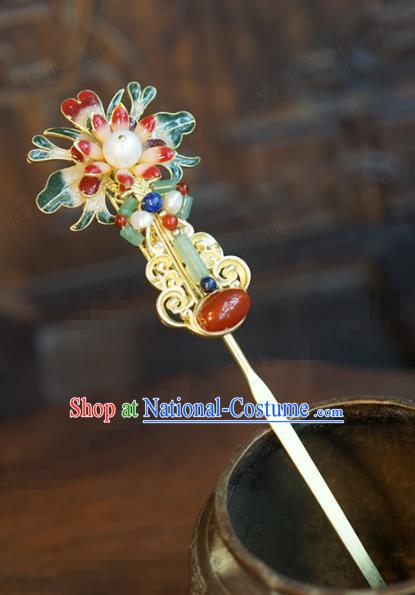 China Ancient Bride Golden Lute Hair Stick Traditional Xiuhe Suit Hair Accessories Wedding Agate Jade Hairpin