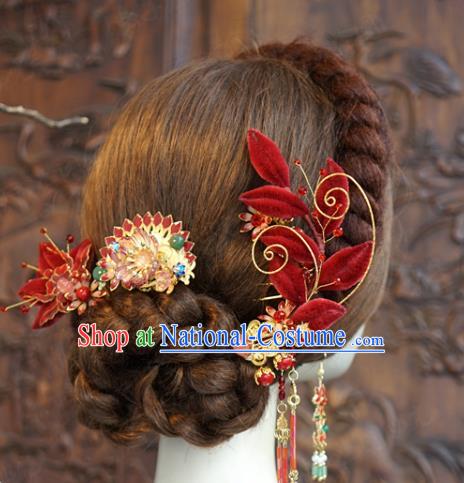 China Traditional Wedding Luxury Hair Accessories Ancient Bride Xiuhe Suit Red Velvet Flowers Hair Sticks Full Set