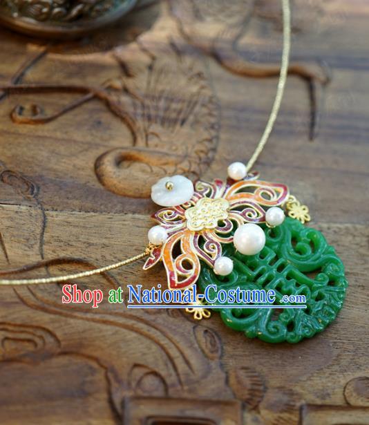 Chinese Traditional Cloisonne Lotus Necklace Handmade Ancient Princess Jade Carving Necklet Accessories