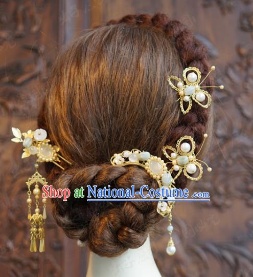 China Traditional White Chalcedony Hair Accessories Wedding Xiuhe Suit Headpieces Ancient Bride Hair Combs and Hairpins