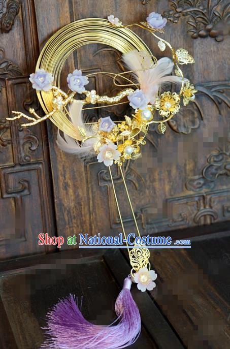 Chinese Traditional Palace Fan Handmade Ancient Wedding Accessories Golden Plum Fan