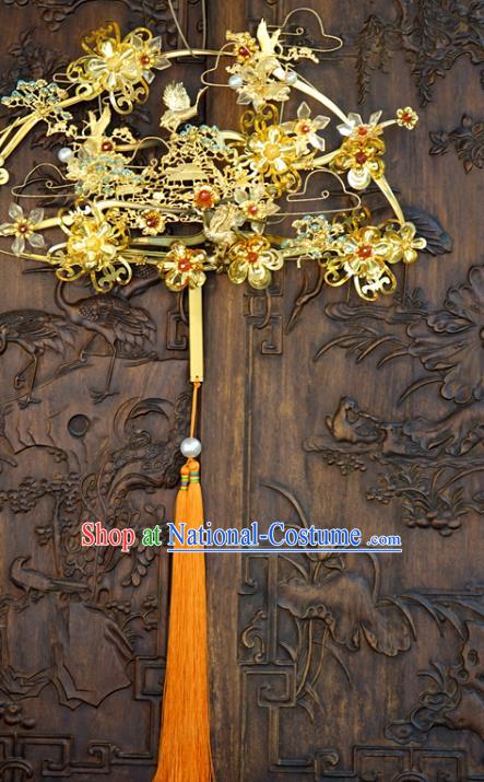 Chinese Traditional Wedding Palace Fan Handmade Ancient Bride Accessories Golden Crane Plum Fan