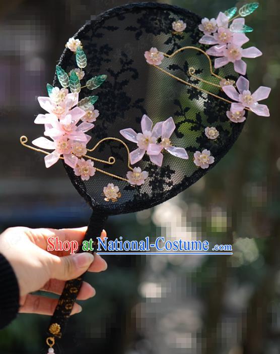 Chinese Handmade Traditional Black Lace Palace Fan Ancient Wedding Bride Accessories Round Fan