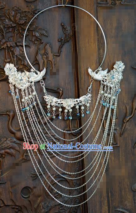 Chinese Handmade Argent Tassel Necklace Traditional Jewelry Accessories Ancient Wedding Bride Phoenix Necklet