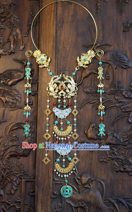 Chinese Handmade Jade Tassel Necklace Traditional Jewelry Accessories Ancient Wedding Bride Golden Phoenix Necklet