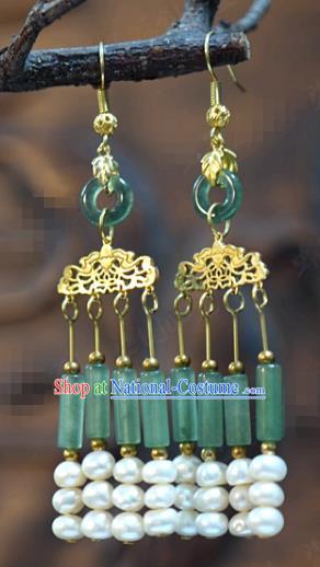 Top Grade China Qing Dynasty Jade Ear Jewelry Traditional Hanfu Accessories Ancient Empress Pearls Tassel Earrings