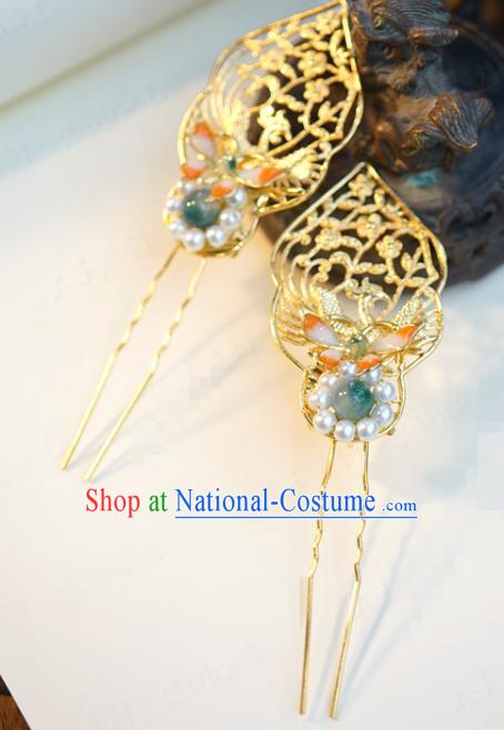 China Ancient Pearls Butterfly Hairpin Traditional Xiuhe Suit Hair Jewelry Accessories Court Princess Golden Hair Stick