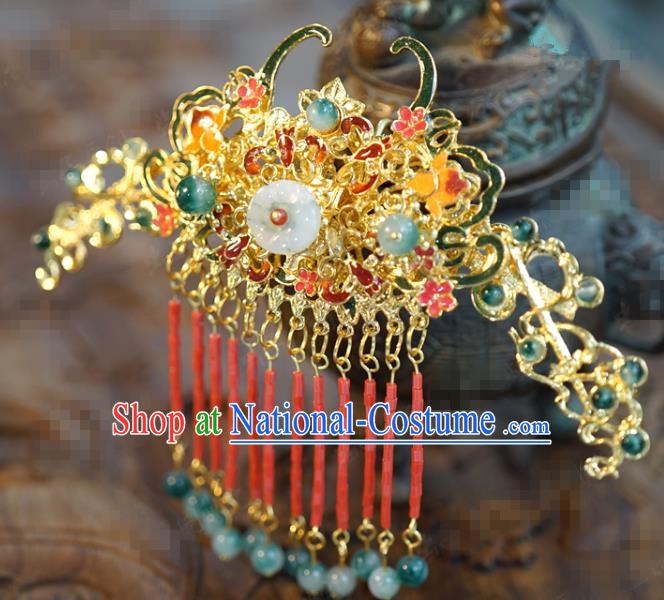 China Ancient Jade Beads Tassel Hairpin Traditional Xiuhe Suit Hair Jewelry Accessories Court Princess Back Hair Comb