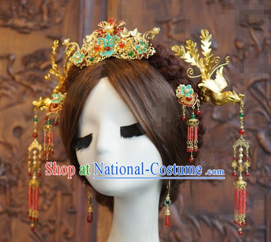 China Traditional Wedding Phoenix Coronet Hair Accessories Xiuhe Suit Headpieces Ancient Bride Tassel Step Shake Hairpins