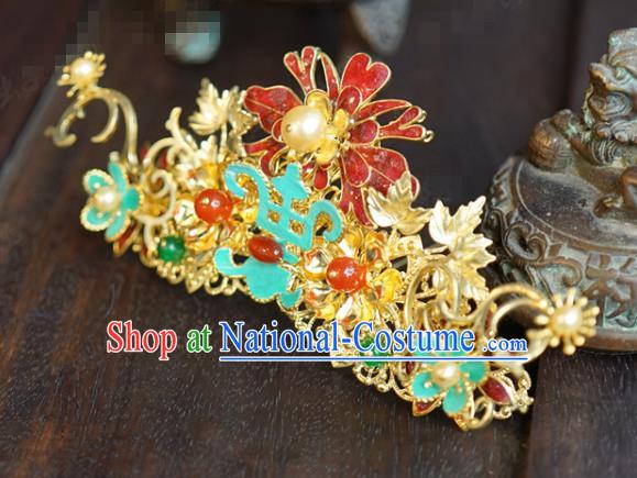 China Ancient Princess Enamel Red Hair Crown Traditional Xiuhe Suit Hair Jewelry Accessories Court Gems Hairpin