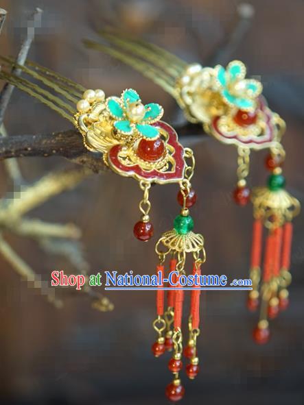 China Ancient Princess Golden Hair Clip Traditional Xiuhe Suit Hair Jewelry Accessories Court Enamel Red Hairpin