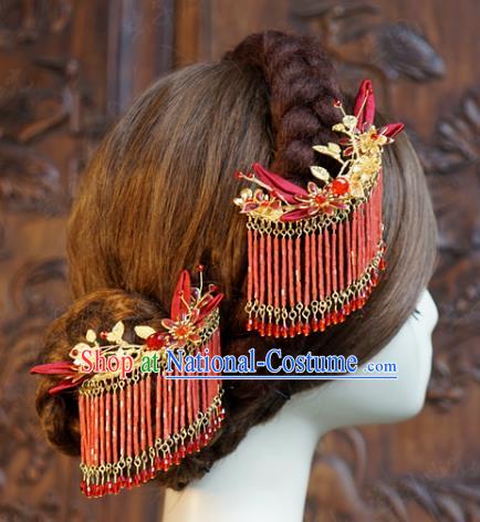 China Ancient Princess Red Beads Tassel Hair Sticks Traditional Xiuhe Suit Hair Jewelry Accessories Court Silk Flowers Hairpin