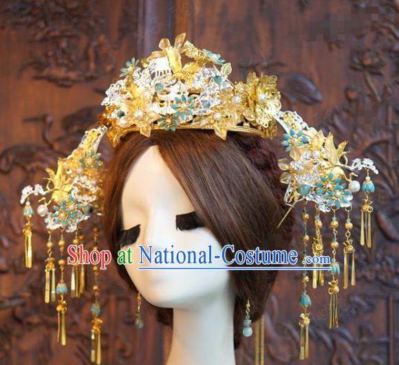 China Xiuhe Suit Headpieces Ancient Bride Golden Tassel Hairpins Traditional Wedding Phoenix Coronet Hair Accessories