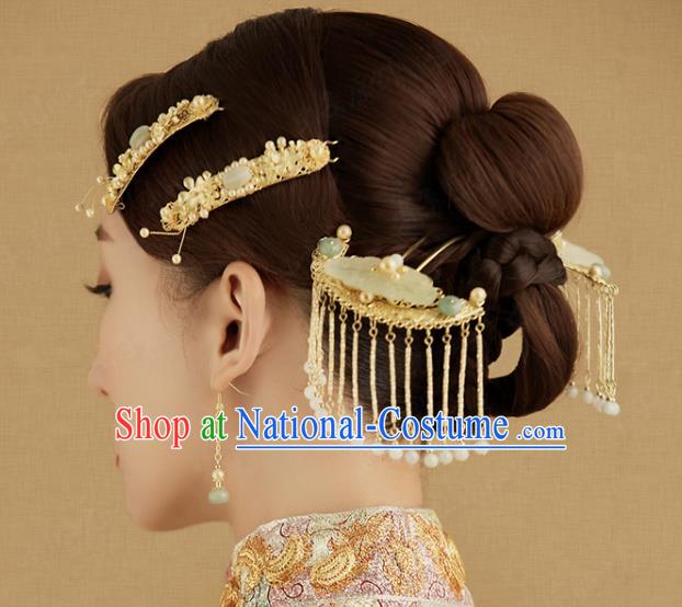 China Traditional Jade Hair Combs Wedding Hanfu Luxury Hair Accessories Ancient Bride Hairpins Full Set