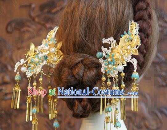 China Ancient Bride Golden Tassel Hairpin Traditional Xiuhe Suit Hair Jewelry Accessories Wedding Hair Sticks