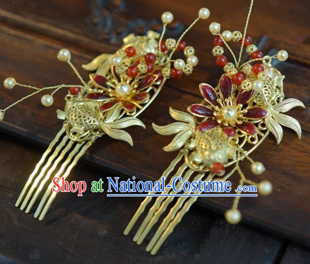 China Ancient Bride Golden Fish Hair Combs Traditional Xiuhe Suit Hair Jewelry Accessories Wedding Cloisonne Hairpins