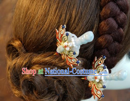 China Ancient Bride Jade Hair Clips Traditional Xiuhe Suit Hair Jewelry Accessories Wedding Cloisonne Lotus Hairpins