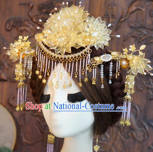 China Ancient Bride Beige Flowers Hair Crown Traditional Xiuhe Suit Hairpins Hair Sticks Wedding Luxury Hair Accessories Full Set