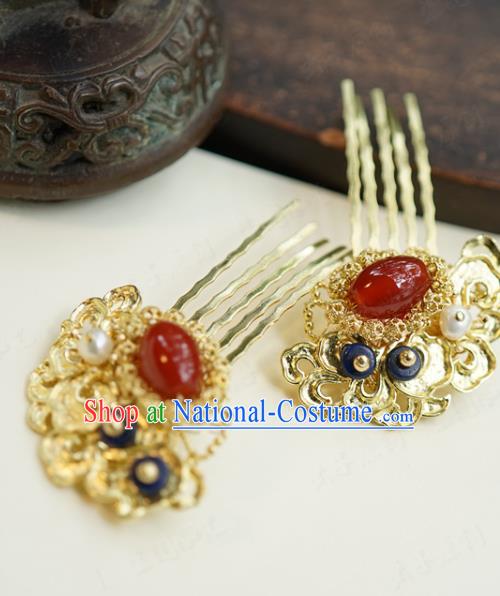 China Ancient Bride Golden Hair Combs Traditional Xiuhe Suit Hair Jewelry Accessories Qing Dynasty Palace Agate Hairpins