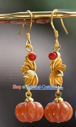 Top Grade Golden Lotus Earrings Traditional Accessories China Ancient Court Empress Jade Pumpkin Ear Jewelry