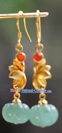 Top Grade Jade Pumpkin Earrings Traditional Accessories China Ancient Court Empress Golden Lotus Ear Jewelry