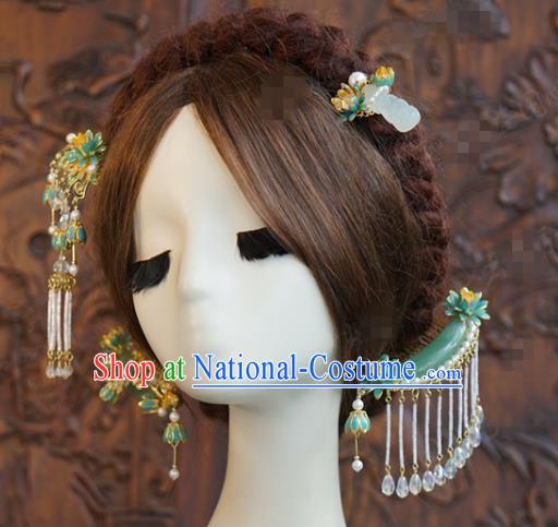 China Traditional Wedding Hair Accessories Xiuhe Suit Headpieces Ancient Bride Jade Hair Comb and Hairpins