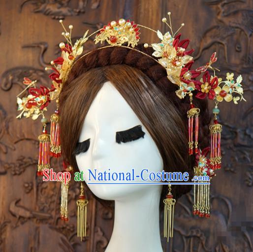 China Ancient Bride Red Hair Crown and Earrings Xiuhe Suit Headpieces Traditional Wedding Hair Accessories Full Set