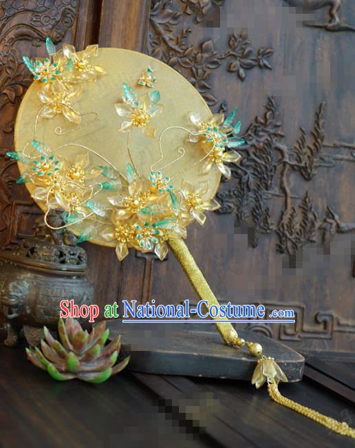 Chinese Handmade Wedding Silk Palace Fan Traditional Wedding Jewelry Accessories Ancient Bride Flowers Round Fan