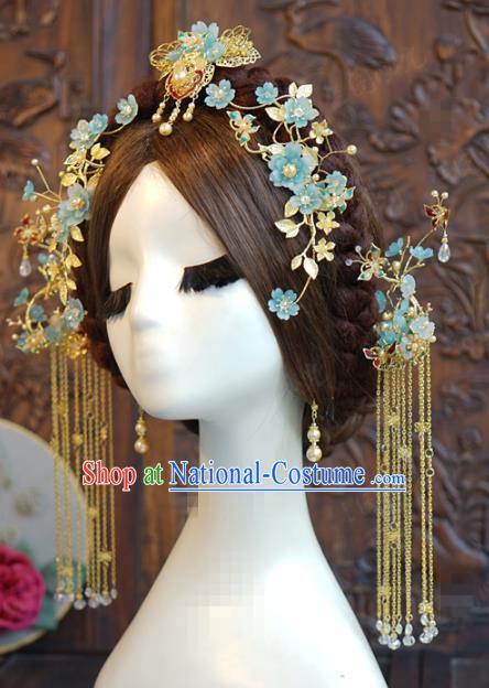 China Ancient Bride Blue Flowers Hair Sticks and Earrings Xiuhe Suit Headpieces Traditional Wedding Hair Accessories Hairpins Full Set